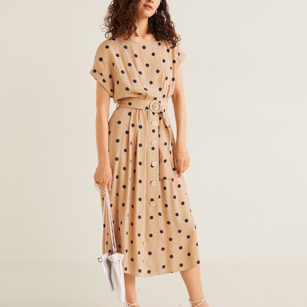 MANGO Tan Cream Polka Dot Midi Dress NWT